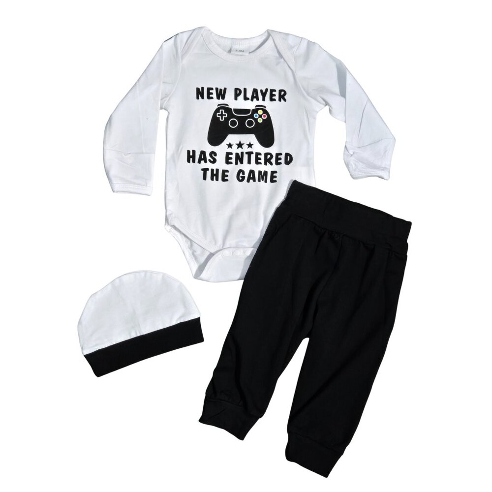 NWOT "New Player Has Entered The Game" 3-Piece Baby Long Sleeve Onesie, Pants &